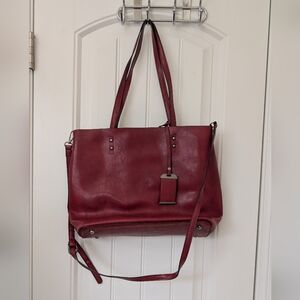 Vegan Leather Deep Red Tote With Crossbody Strap